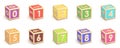 Number collection wooden alphabet blocks font rotated. 3D