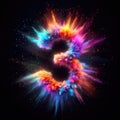 Number 3 - Number THREE - Colored powder explosion number font isolated on black background