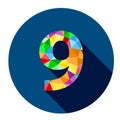 Number 9 button with colorful polygon pattern