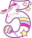 Number 5 with cute unicorn and rainbow Royalty Free Stock Photo