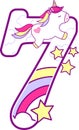 Number 7 with cute unicorn and rainbow