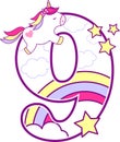Number 9 with cute unicorn and rainbow Royalty Free Stock Photo
