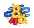 Number 8.8 3d yellow shown in front mega sale promotional sign, fifty percent off, and shopping bags hanging on side Royalty Free Stock Photo