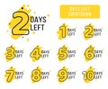 Number of days left tags. Bright yellow coutdown tags for business promotion, sale, discount, announcement. Cool marketing company