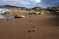 Stones on a beach and foot prints Royalty Free Stock Photo
