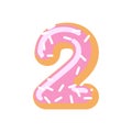 Number 2 donut. Doughnut font two. Sweet alphabet. candy lettering. food ABC sign