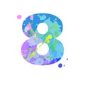 Number 8 with effect of liquid spots of paint in blue, green, pink colors