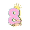 Number eight with crown, candy, baby month cards. Monthly milestone. Birthday Party Invitation Card Template