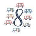 Number eight and cute cartoon buses. Counting training.