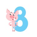 Number eight with cute cartoon pig isolated on white. Royalty Free Stock Photo