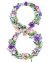 Number eight decorated with beautiful rose and eustoma flowers. Illustration for 8 March, international women`s day.