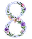 Number eight decorated with beautiful rose and eustoma flowers. Illustration for 8 March, international women`s day. Royalty Free Stock Photo