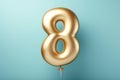 number eight golden balloon on blue. Generative Ai