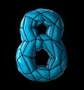 Number 8 eight made of low poly style blue color plastic isolated on black background. 3d
