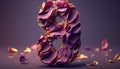 a number eight made out of purple paper with petals scattered around it
