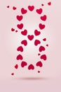 Number eight made from red hearts fly on pink Royalty Free Stock Photo