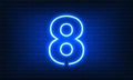 Number Eight neon sign on brick wall background. Vintage blue electric signboard with bright neon light inscription. Eighth,