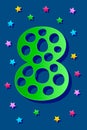 Number Eight in paper cut style on a Classic blue background with colorful stars. Bold color and bright text. Card for teaching,