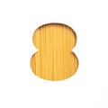 Number eight of pasta spaghetti, white cut paper in shape of eighth numeral. Typeface for grocery organic products store