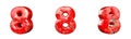 Number 8 Eight from Red scratched metallic numbers collection set. Isolated. 3D Rendering