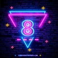 Number eight symbol neon sign vector. Eighth, Number eight template neon icon, light banner, neon signboard, nightly bright