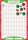 Number 8. Eight . Tracing Worksheet for kids. . Watermelon. Preschool worksheet, practicing motor skills - tracing