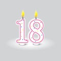Number eighteen candles. Adult milestone celebration. Bright birthday accessory. Vector illustration. EPS 10.