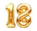 Number 18 eighteen made of golden inflatable balloons isolated on white. Helium balloons, gold foil numbers. Party decoration,