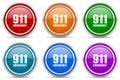Number emergency 911 silver metallic glossy icons, set of modern design buttons for web, internet and mobile applications in 6