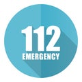 Number emergency 112 vector icon, flat design blue round web button isolated on white background