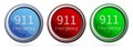 Number emergency 911 vector icon set. Blue, Red and Green silver metallic web buttons. 911 call center