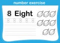 Number exercise with cartoon coloring book illustration