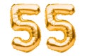 Number 55 fifty five made of golden inflatable balloons isolated on white. Helium balloons, gold foil numbers. Party decoration,