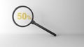 number fifty percentage and magnifying glass on a white background, finding a discount ,50%,3D rendering