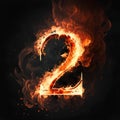 Number 2 in fire flames isolated on black background. 3d illustration Royalty Free Stock Photo