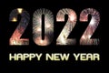 Number 2022 with Fireworks photo background and text HAPPY NEW YEAR on black background. Happy New Year 2022 concept Royalty Free Stock Photo