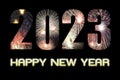 Number 2023 with Fireworks photo background and text HAPPY NEW YEAR on black background. Happy New Year 2023 concept Royalty Free Stock Photo