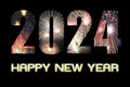 Number 2024 with Fireworks photo background and text HAPPY NEW YEAR on black background. Happy New Year 2024 concept Royalty Free Stock Photo