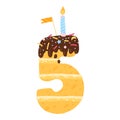 Number five birthday cake with chocolate icing, candy sprinkles. Biscuit with cream carved in the shape of the number 5