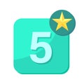 Number five icon. Green square background. Yellow star badge. Vector illustration. Royalty Free Stock Photo