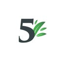 Number Five logo with green leaves. Natural number 5 logo