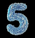 Number 5 five made of crumpled silver and blue foil isolated on black background. 3d
