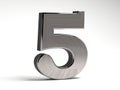 Number five made of steel on a white background. Metal volumetric figure. 3D render