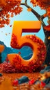 A number five surrounded by autumn leaves and a tree Royalty Free Stock Photo
