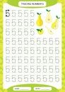 Number 5. Five Tracing Worksheet for kids. Yellow juicy pear. Preschool worksheet, practicing motor skills - tracing