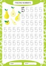 Number 5. Five Tracing Worksheet for kids.. Yellow juicy pear. Preschool worksheet, practicing motor skills - tracing