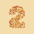 Number 2, folk floral number with leaves and branches, hand drawn illustration Royalty Free Stock Photo