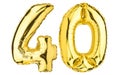 Number Forty 40 balloons. Helium balloon. 40 years. Golden Yellow foil color. Birthday Party, greeting card