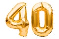 Number 40 forty made of golden inflatable balloons isolated on white. Helium balloons, gold foil numbers. Party decoration, Royalty Free Stock Photo