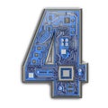 Number 4 four, Alphabet in circuit board style. Digital hi-tech letter isolated on white